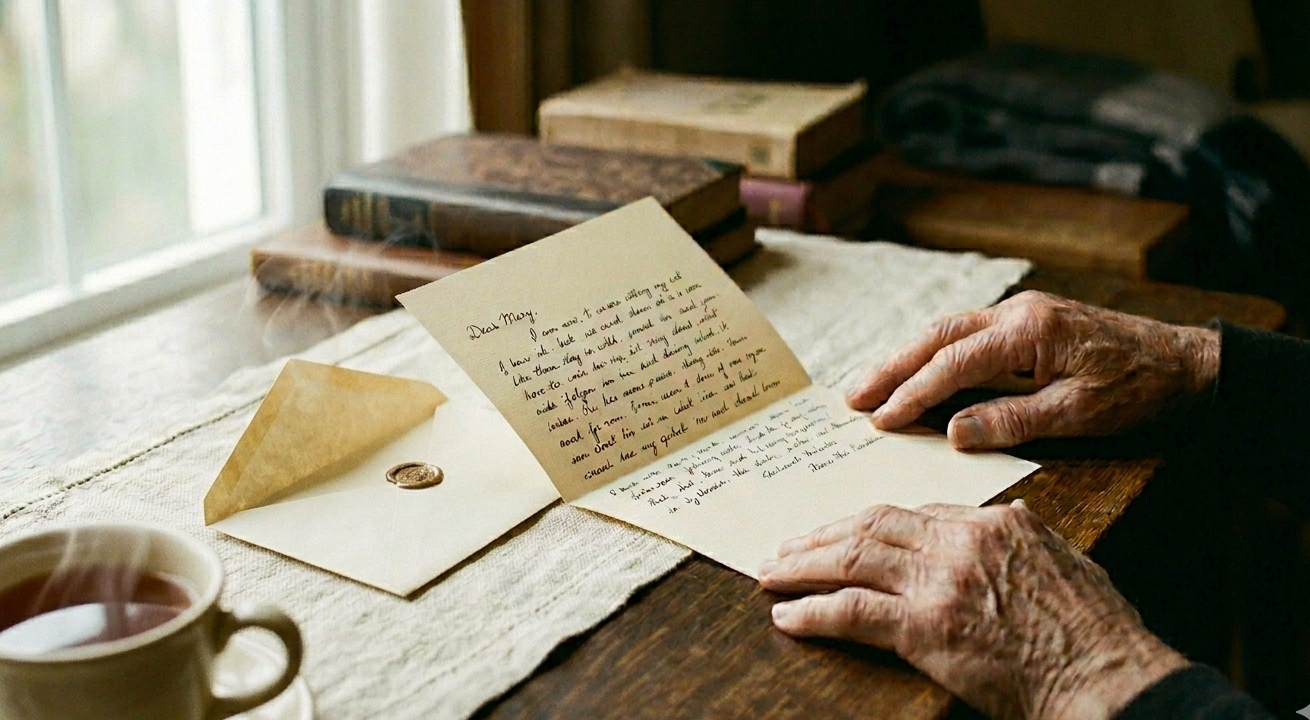 Aged hands reading a handwritten letter on a timber table beside a cup of tea